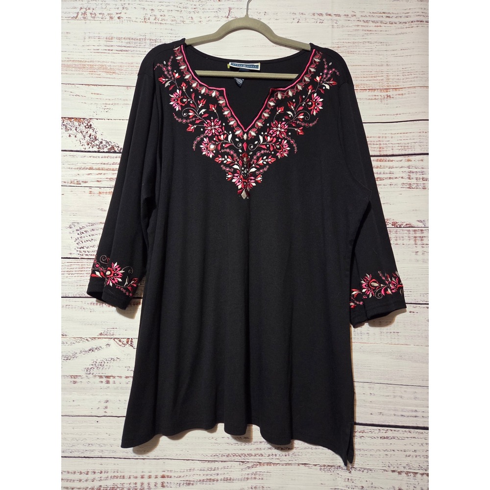 Karen Scott Woman Black Embroidered Rhinestone V-Neck Tunic Top 2X 3/4 Sleeve